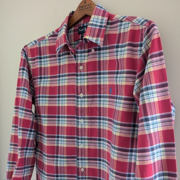 Polo Ralph Lauren Custom Fit Plaid Shirt MEN'S M Button Front Heavy Cotton Pink - Picture 8 of 16